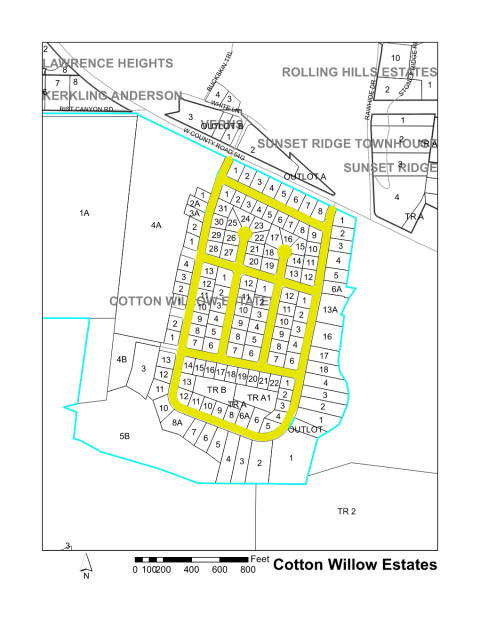 Map of Larimer County maintained streets in Cotton Willow Estates subdivision.