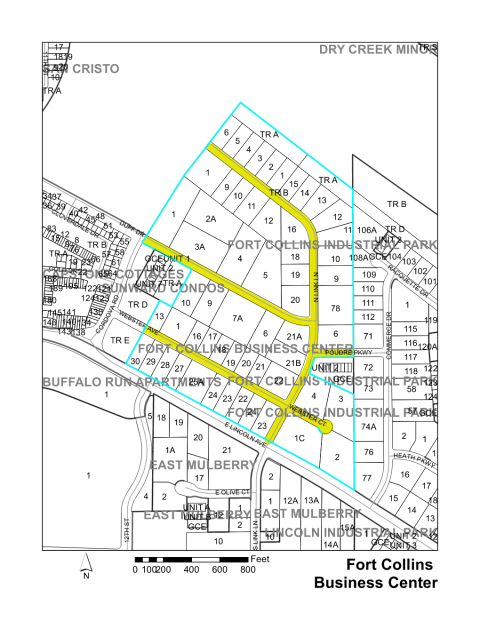 Map of Larimer County maintained streets in Fort Collins Business Center