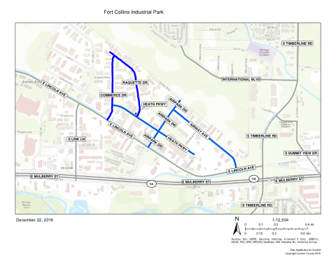 Map of Larimer County maintained streets in Fort Collins Industrial Park.