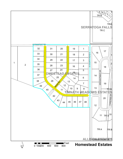 Map of Larimer County maintained streets in Homestead Estates subdivision.