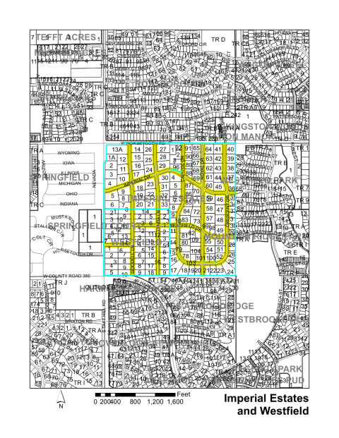 Map of Larimer County maintained streets in Imperial Estates and Westfield subdivisions.