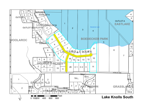 Map of Larimer County maintained streets in Lake Knolls South subdivision.