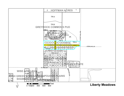 Map of Larimer County maintained streets in Liberty Meadows subdivision.