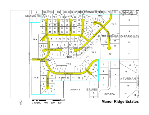 Map of Larimer County maintained streets in Manor Ridge Estates subdivision.