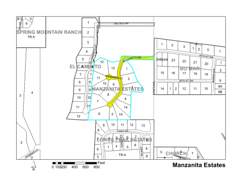 Map of Larimer County maintained streets in Manzanita Estates subdivision.