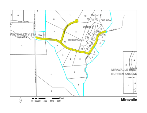 Map of Larimer County maintained streets in Miravalle subdivision.