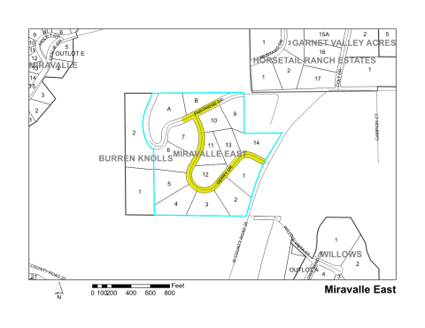 Map of Larimer County maintained streets in Miravalle East subdivision.