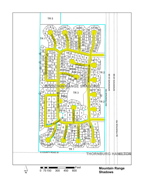 Map of Larimer County maintained streets in Mountain Range Shadows subdivision.