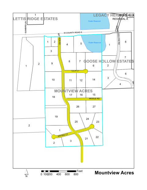 Map of Larimer County maintained streets in Mountview Acres subdivision.