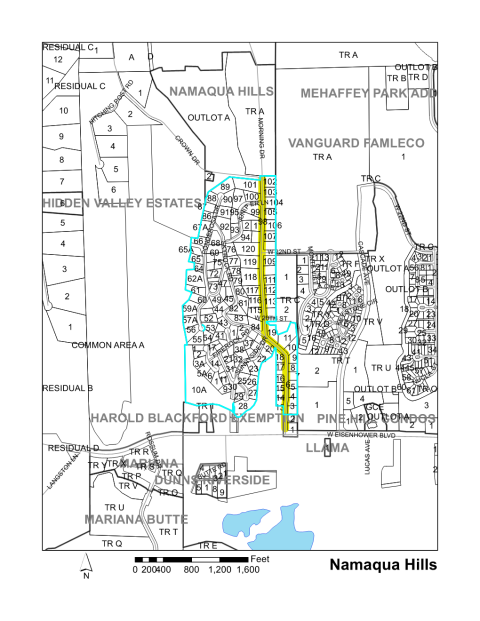 Map of Larimer County maintained streets in Namaqua Hills subdivision.