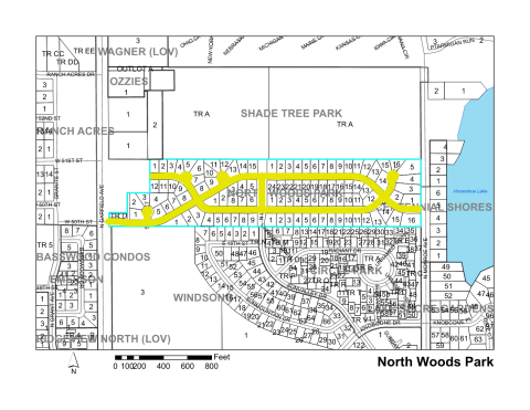 Map of Larimer County maintained streets in North Woods Park subdivision.
