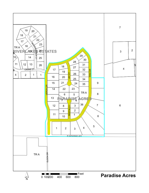 Map of Larimer County maintained streets in Paradise Acres subdivision.