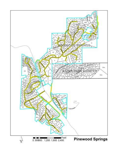 Map of Larimer County maintained streets in Pinewood Springs subdivision.