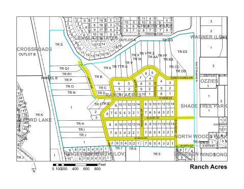 Map of Larimer County maintained streets in Ranch Acres subdivision.