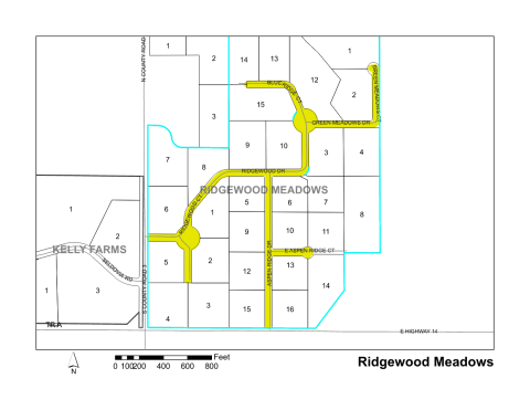 Map of Larimer County maintained streets in Ridgewood Meadows subdivision.