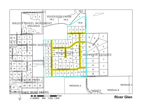 Map of Larimer County maintained streets in River Glen subdivision.