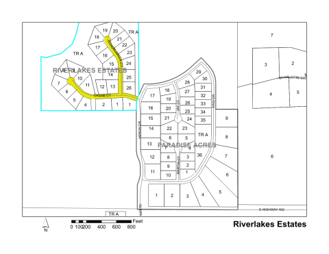 Map of Larimer County maintained streets in Riverlakes Estates subdivision.