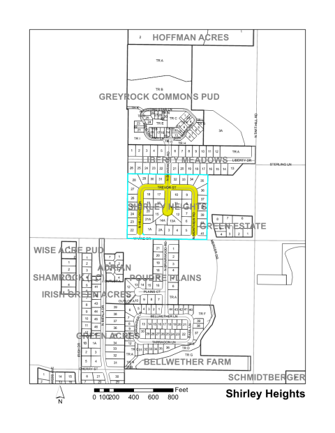 Map of Larimer County maintained streets in Shirley Heights subdivision.
