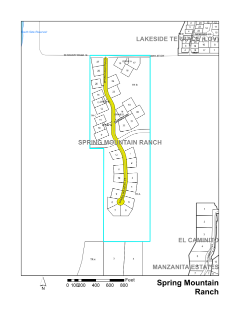 Map of Larimer County maintained streets in Spring Mountain Ranch subdivision.