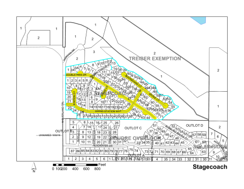 Map of Larimer County maintained streets in Stagecoach subdivision.