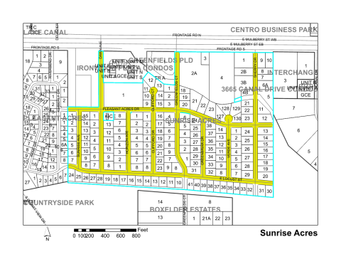 Map of Larimer County maintained streets in Sunrise Acres subdivision.