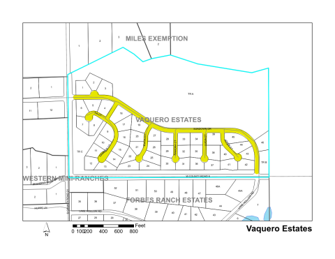 Map of Larimer County maintained streets in Vaquero Estates subdivision.