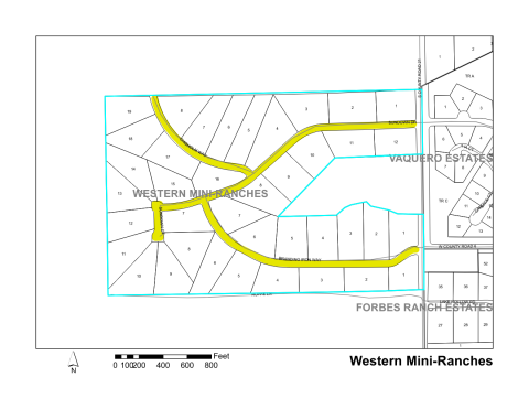 Map of Larimer County maintained streets in Western Mini-Ranches subdivision.