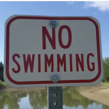 Red and white “No Swimming” sign in front of a pond with a blue sky in the background.