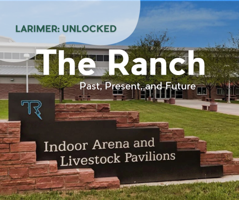 Larimer: Unlocked - The Ranch: Past, Present, and Future. Background image shows the exterior of the Indoor Arena and Livestock Pavilions at The Ranch Events Complex.