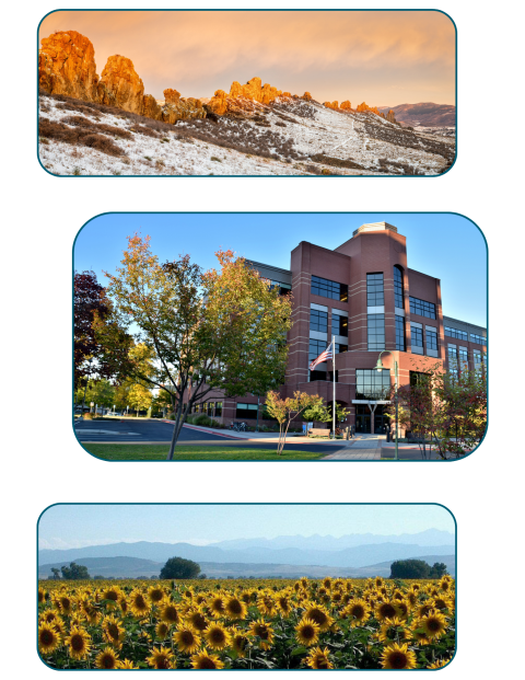 Larimer County landscapes, showing Devil's Backbone, the Larimer County Administrative Offices in Fort Collins, and a field of sunflowers near Wellington