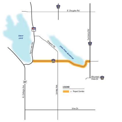 A map highlighting a project corridor along Country Club Road in orange, stretching from Terry Lake Road on the west to Turnberry Road on the east. The corridor passes near Terry Lake and crosses Lemay Avenue. Nearby roads include E. Douglas Road to the north and Mountain Vista Drive to the south.