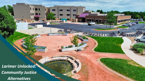 Aerial view of a modern community justice campus with tan buildings surrounding a landscaped courtyard featuring circular seating, walking paths, grass, and a small pond; bicycle racks and a parking lot are visible. A green graphic overlay in the lower left reads “Larimer Unlocked: Community Justice Alternatives.”