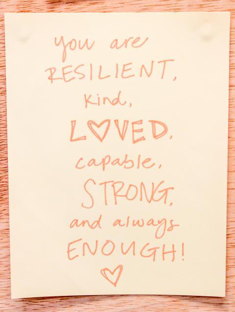 A photo of a hand-written note that says, "You are resilient, kind, loved, capable, strong, and always enough." 