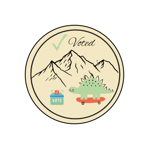 A finalist for Larimer County’s 2026 I Voted Sticker Contest. The image features a stegosaurus riding a skateboard next to a ballot box with the words ‘I Voted’ written above. The stegosaurus is green. The skateboard is red. The ballot box is green and blue. The ‘I’ in ‘I Voted’ is a check mark. The word ‘voted’ is in cursive. There are also mountains in the background. The image is stylized like a cartoon and appears to have been made in a digital application. The background is tan.