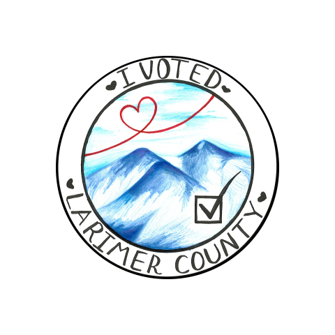 A submission for Larimer County’s 2026 I Voted Sticker Contest. In the middle of the sticker are some mountain peaks drawn in blue pen. In the sky above the mountains is a red ribbon in the shape of a heart.  In the bottom corner is a check mark in a box. Circling around the image are the words ‘I Voted / Larimer County’ with little hearts on each side.