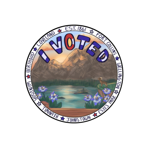 A submission for Larimer County’s 2026 I Voted Sticker Contest. The submission features a digital illustration of a ram standing proudly above an alpine lake at sunset. The ram is standing off to the right on small overlook and has large horns. In the background are mountains. In the foreground are  a smattering of Colorado Blue Columbines. At the top of the image are the words ‘I Voted’ in all caps filled in with the colors of the Colorado Flag. Around the circumference of the image are the names of towns 