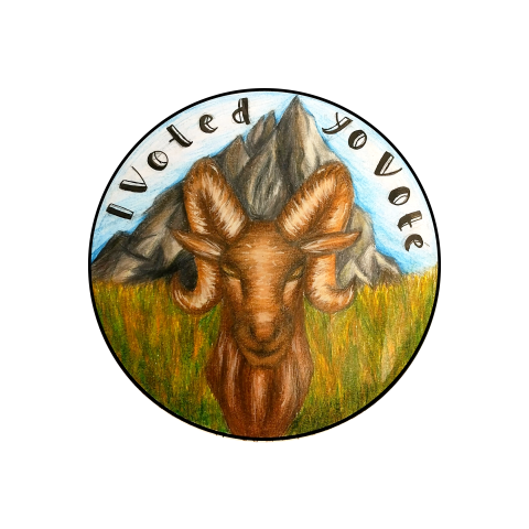 A finalist for Larimer County’s 2026 I Voted Sticker Contest. The submission features a frontal view of a big-horned ram standing quietly in a field. The ram has brown hair, brown horns, and has its eyes closed. The field has grass that is brown and green. Behind the ram are some mountains. In the sky circle the image are the words ‘I voted / yo voté’. The image appears to have been drawn in colored pencil. 