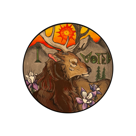 A finalist for Larimer County’s 2026 I Voted Sticker Contest. The image features a drawing of an elk standing in front of mountains at sunset. The elk has brown fur, large antlers, and is looking to the right. In front of the elk are a few Colorado Blue Columbies. Behind the elk are gray mountains and a red-orange sky with a red-orange sun. Across the mountains are the words ‘I voted’ in a stylized green font.