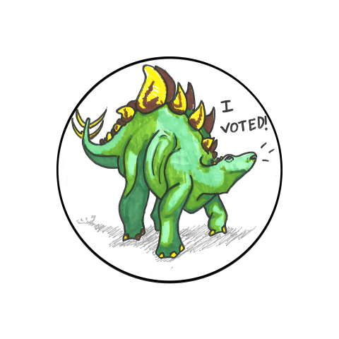 A finalist for Larimer County’s 2026 I Voted Sticker Contest. The image features a Stegosaurus with the words ‘I Voted’ above it. The stegosaurus has one foot lifted and is green with yellow and brown plates. The background is white. The image appears to have been made with markers. 