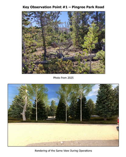 Key observation point 1 - Pingree Park Road. Before is with thick trees and blue sky. After is a rendering with a more formal planted tree look.