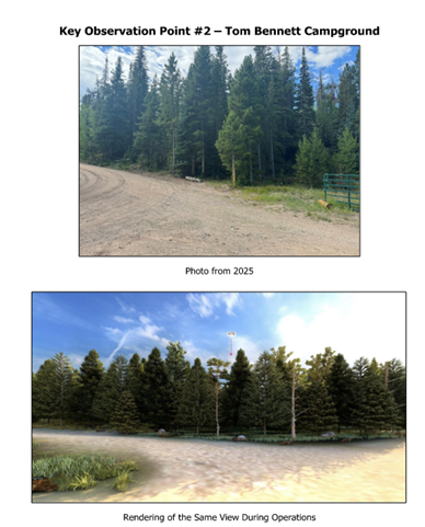 Key Observation point 2 - Tom Bennet Campground. Photo of gravel road and pine trees blocking view. Rendering for same view, with gravel road and pine trees.