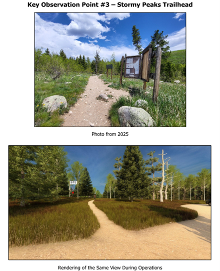 Key observation point 3 - Stormy Peaks Trailhead. Before is the existing trailhead with signs. After is a smoother entry to the trailhead.