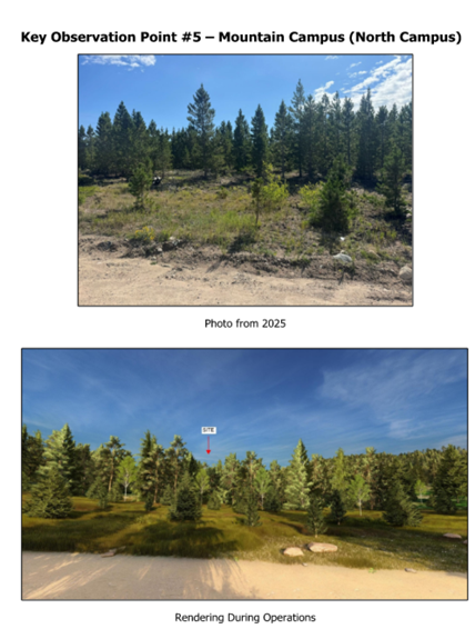 Key Observation point 4 - Mountain Campus. Before is pine trees on a hillside with blue sky. Rendering of after is pine trees on a hill with blue sky.