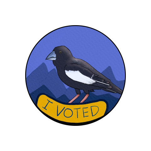 A finalist for Larimer County’s 2026 I Voted Sticker Contest. The image features a Lark Bunting standing in front of some mountains with the words ‘I Voted’ across the bottom. The bunting has a somewhat quizzical look on its face and has a black body with white wings. The mountains are purple. The words ‘I Voted’ are in all caps and are set against a curved orange oval. The image appears to have been made using a digital application.