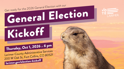 A banner image for the 2026 General Election Community Kickoff on Thursday, October 1, 2026 at 6 pm. The banner features a prairie dog against a pink and orange landscape background.
