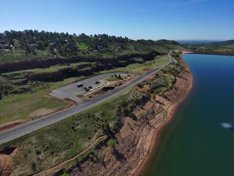Aerial view of Quarry parking area at Carter Lake, Loveland, CO during FLAP construction