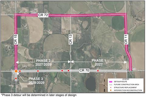 map displaying a detour for CR 70 project