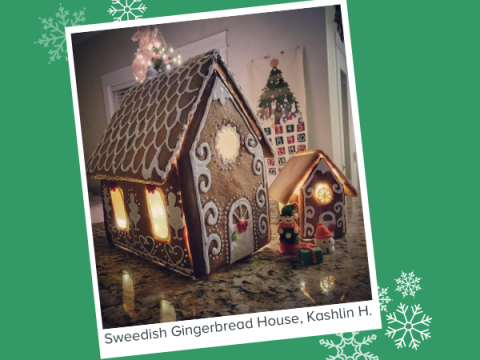 Gingerbread House Decorating Contest An elegant gingerbread house. Text reads, "Sweedish Gingerbread House, Kashlin H."