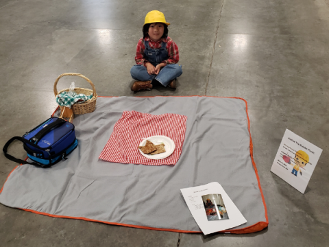 A Larimer County 4-H Member at Creative Cooks A Larimer County 4-H Member at Creative Cooks. His display is spread-out in front of him. It is a builder/construction themed picnic.