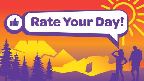 Rate Your Day title graphic of text and a sunset scene featuring horsetooth rock and devils backbone.